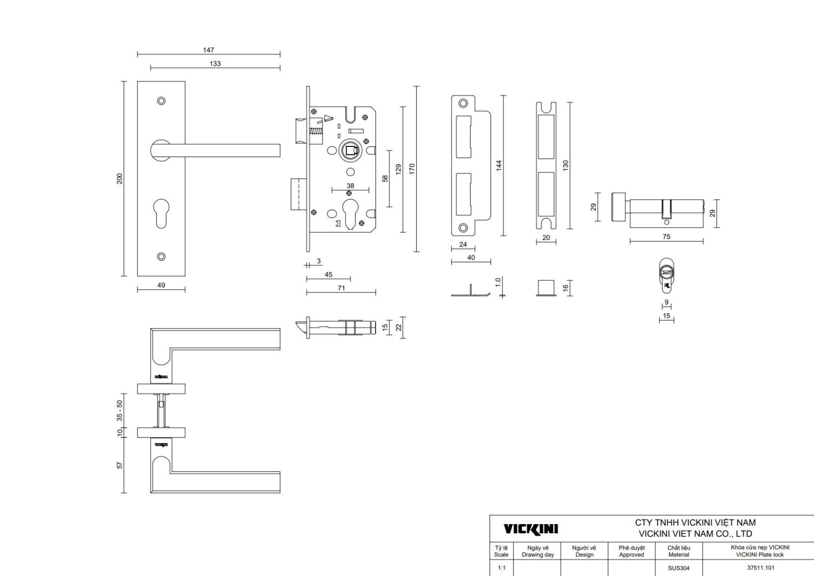 thông số kĩ thuật thân khoá cửa Vikiny  VICKINI 37511.101 SSS