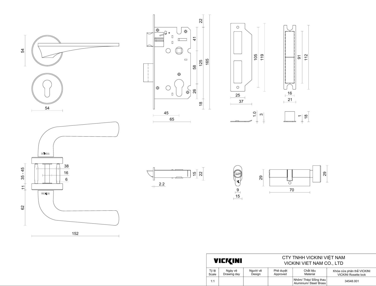 bản vẽ kĩ thuật thông số khoá cửa phân thể Vickini 34548.001