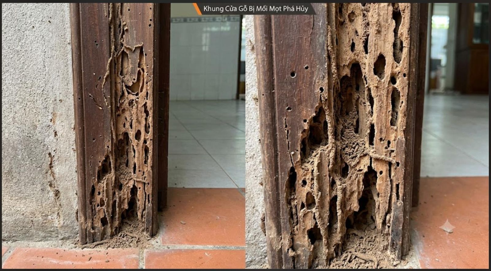 khung cửa gỗ bị hư hỏng nặng tại nhà bè