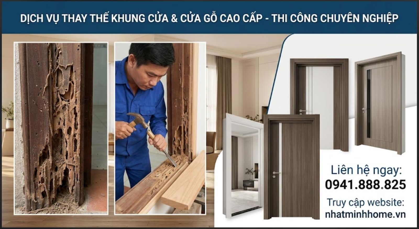 nhân viên thay thế lắp đặt kuhng cửa gỗ bị mối mọt bằng khung cửa nhựa compoiste tại nhà bè