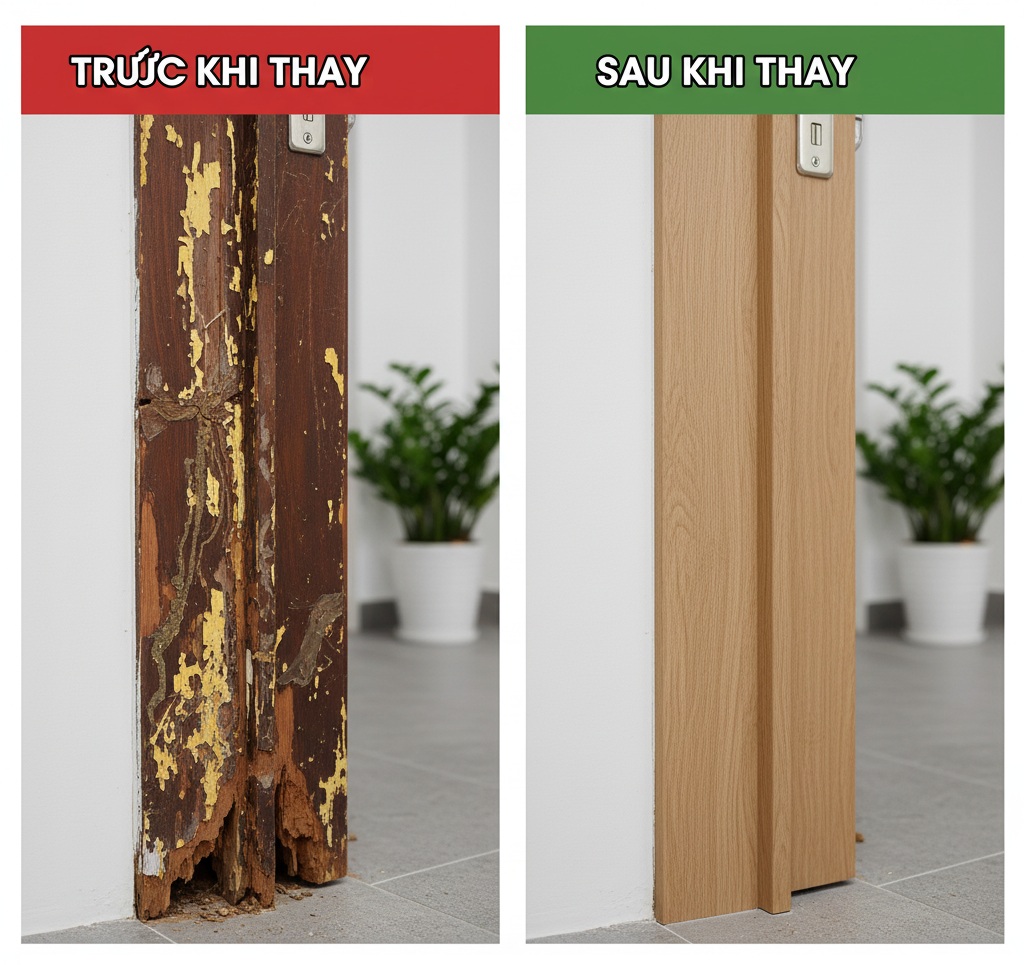 khung cửa gỗ cũ bị mối mọt và khung cửa nhựa sau khi thay thế