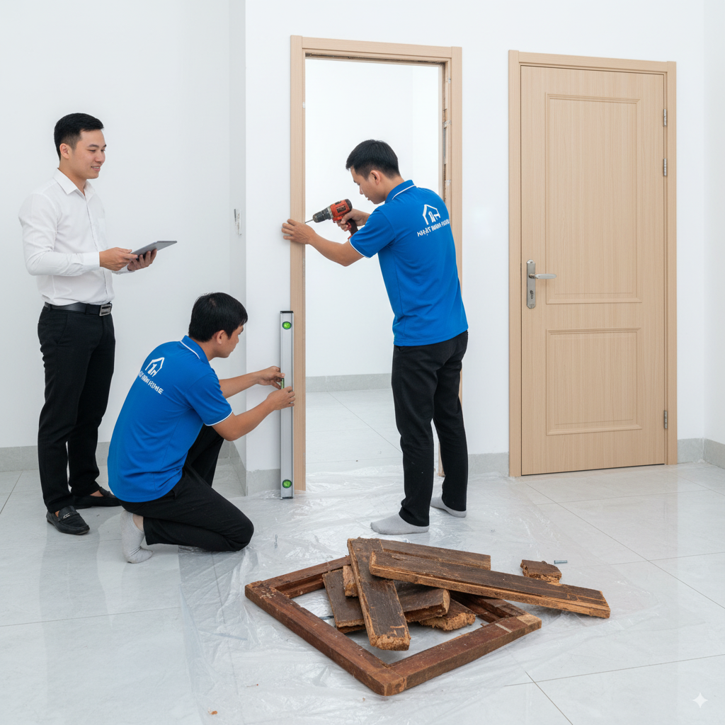 Đội ngũ thi công của Nhật Minh Home đang lắp đặt khung cửa nhựa mới.
