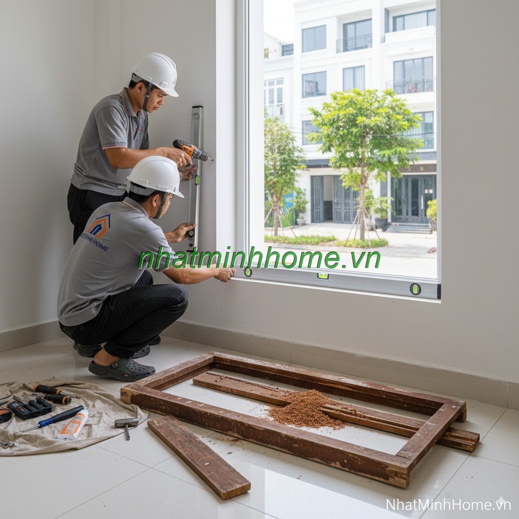 Hai thợ kỹ thuật của Nhật Minh Home đang lắp đặt khung cửa nhựa mới một cách tỉ mỉ, bên cạnh là khung cửa gỗ cũ đã tháo dỡ với nhiều mùn gỗ do mối mọt