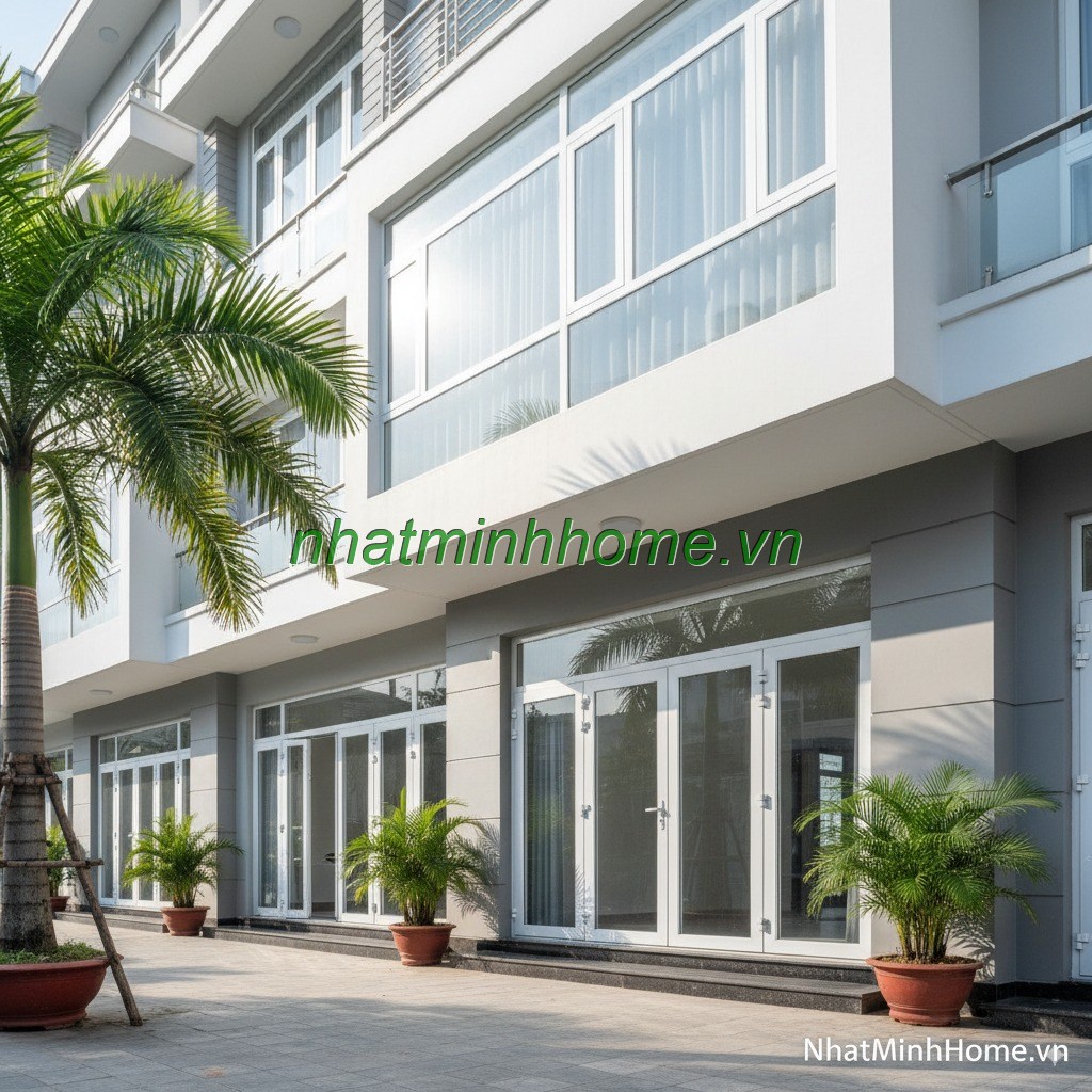 Toàn cảnh mặt tiền một ngôi nhà/cửa hàng hiện đại sử dụng đồng bộ khung cửa nhựa màu trắng, sáng sủa, sang trọng,