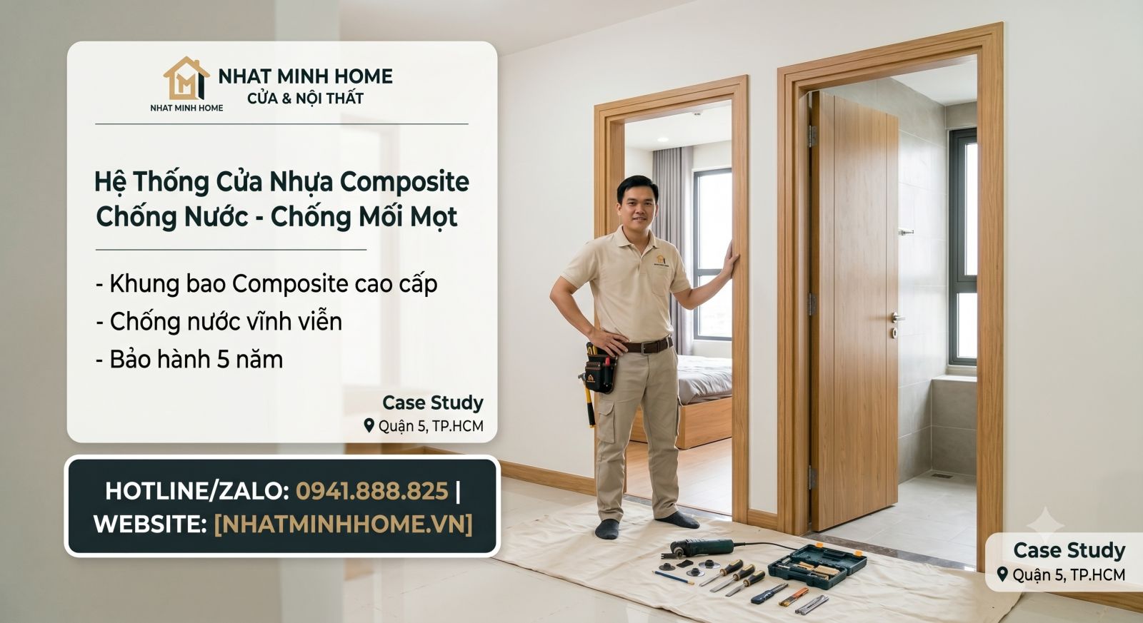 Thợ lắp cửa nhatminhhome đang thay thế khung cửa nhựa composite cho khách hàng tại quận 5