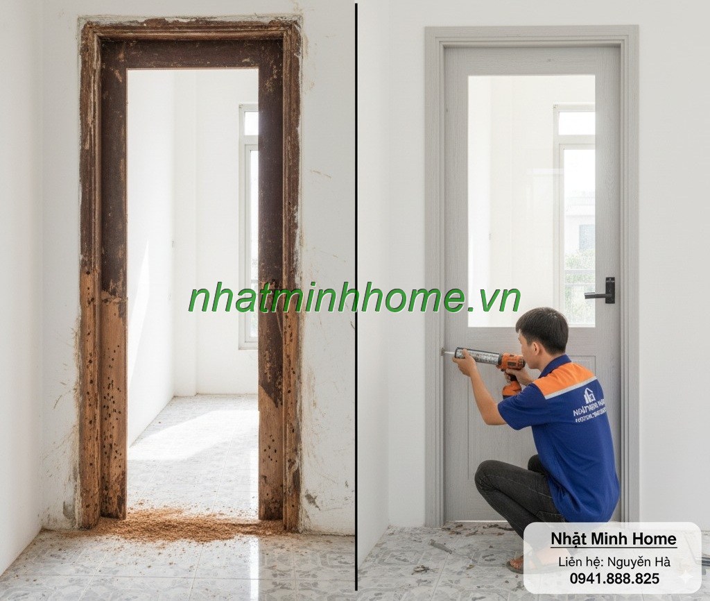 quá trình thay cửa gỗ cũ bị mục nát bằng cửa nhựa