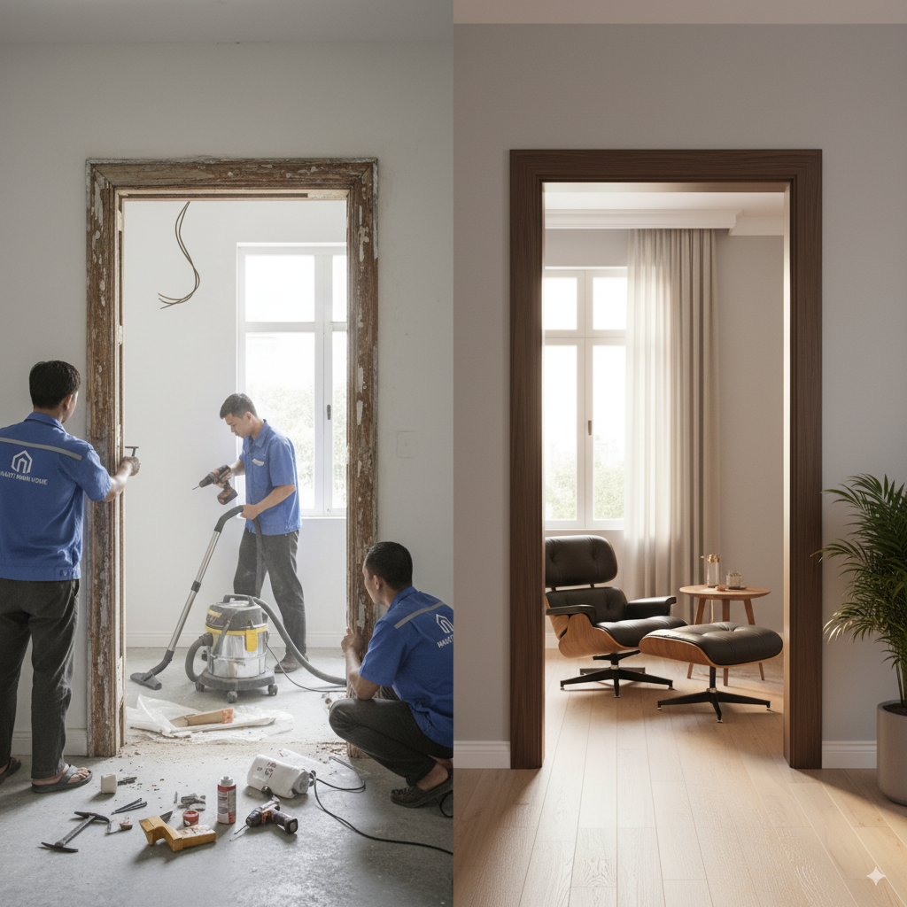 nhân viên nhật inh home thay khung cửa gỗ hư hỏng băgf khung nhựa giả gỗ