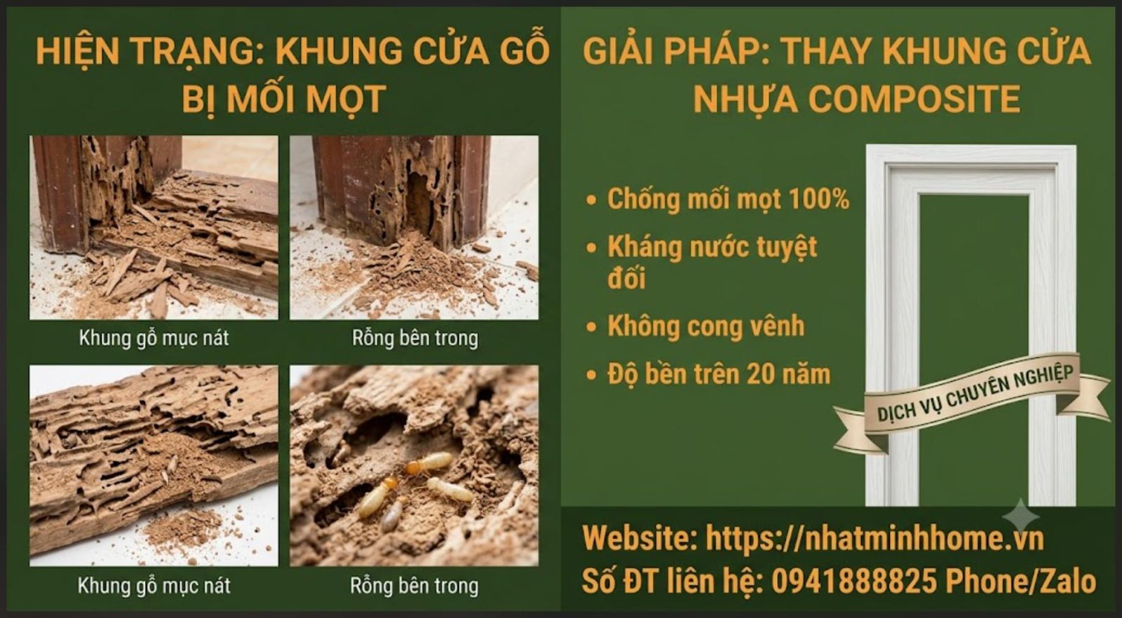 Hình ảnh cận cảnh chân khung bao cửa gỗ tại Bình Tân bị mối mọt ăn mục nát, rỗng ruột, thớ gỗ bong tróc tơi tả và sệ cánh mất an toàn.