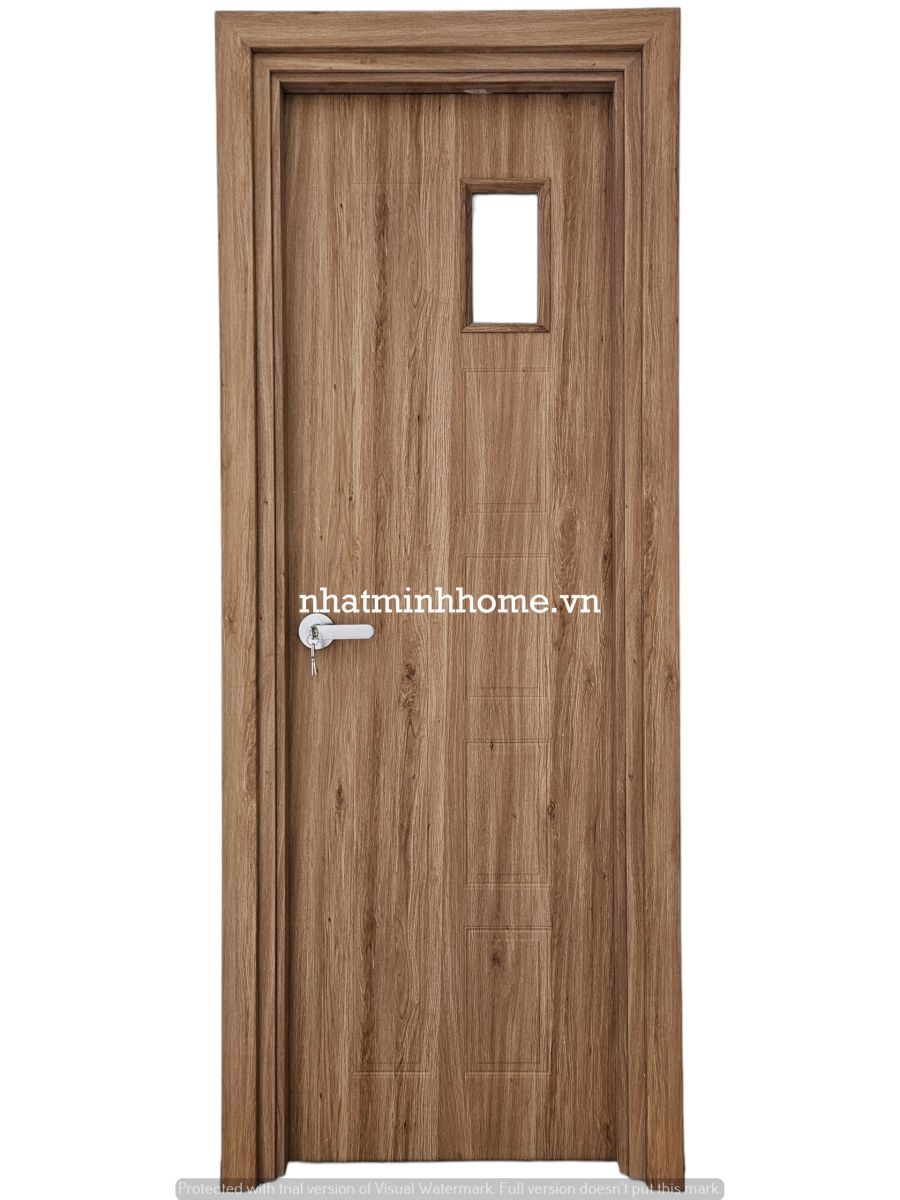 Cửa nhựa composite AGP màu B18 cho nhà vệ sinh có ô kính mờ và khóa tay gạt